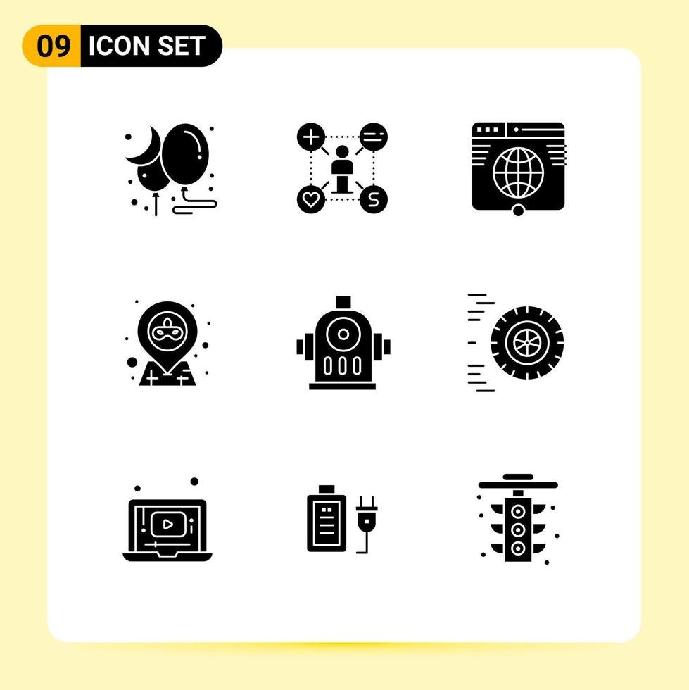 9 Thematic Vector Solid Glyphs and Editable Symbols of party map setting location network Editable Vector Design Elements