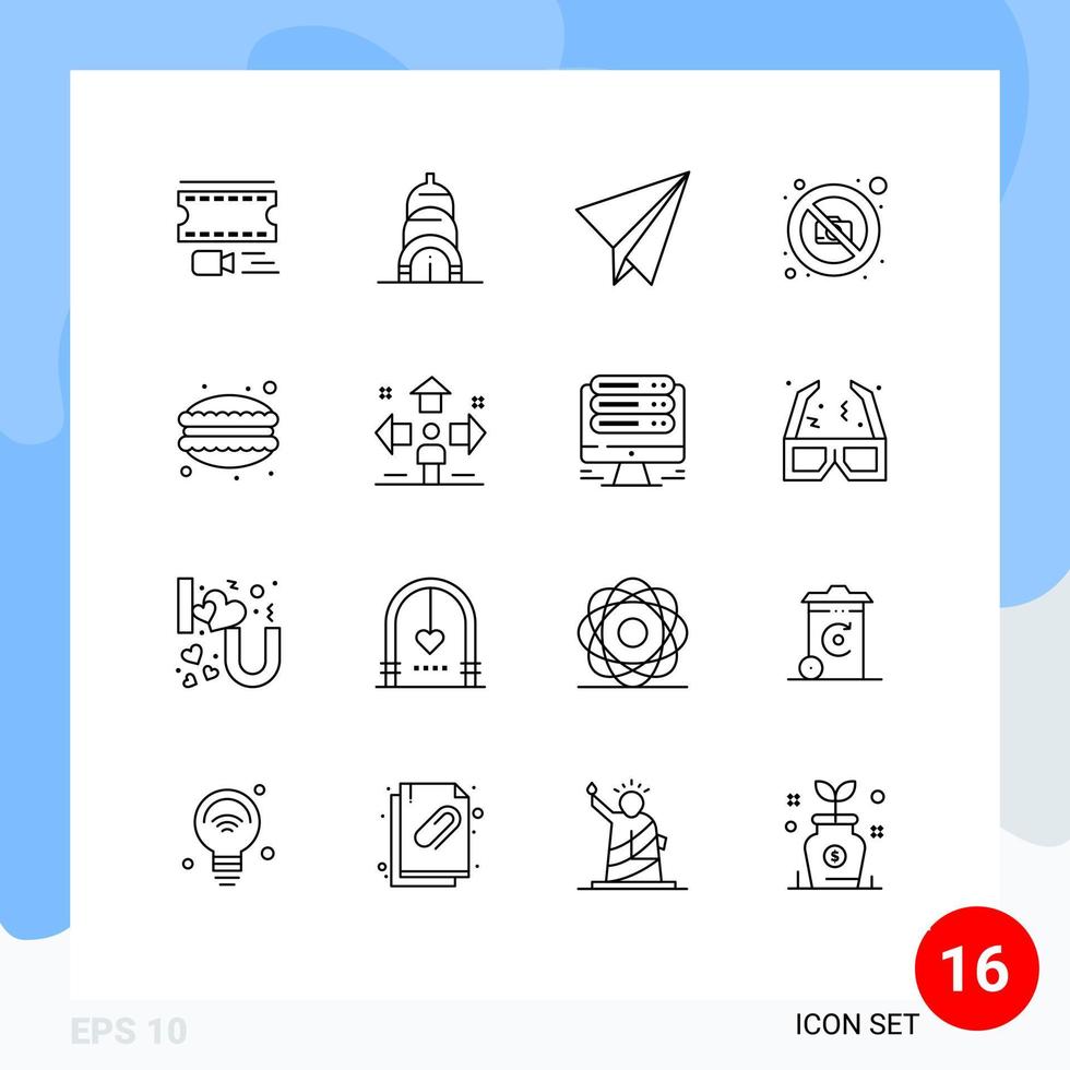 16 signos de contorno universal símbolos de comida cena avión de papel café sin elementos de diseño vectorial editables vector