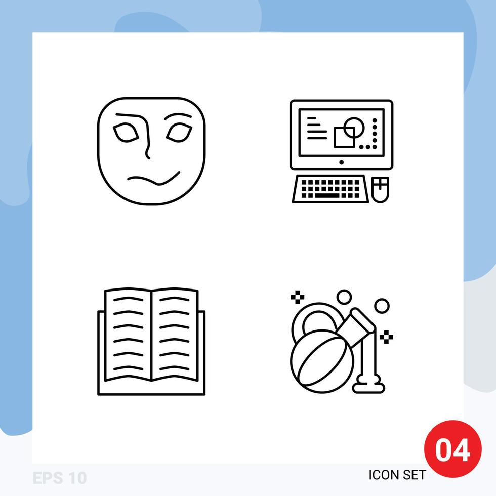 Mobile Interface Line Set of 4 Pictograms of cheerful book mask creative wreath Editable Vector Design Elements