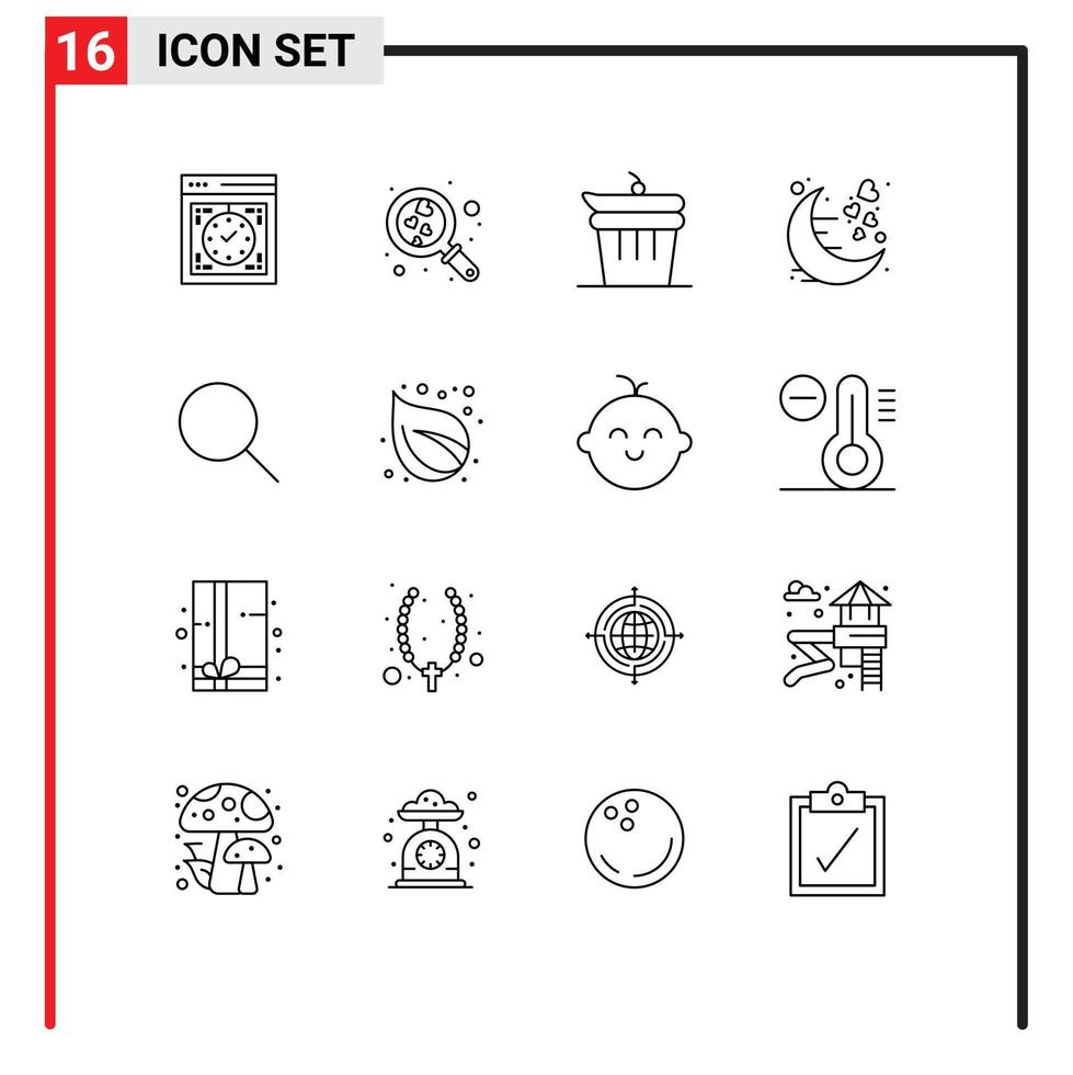 Mobile Interface Outline Set of 16 Pictograms of romantic moon wedding love kitchen Editable Vector Design Elements