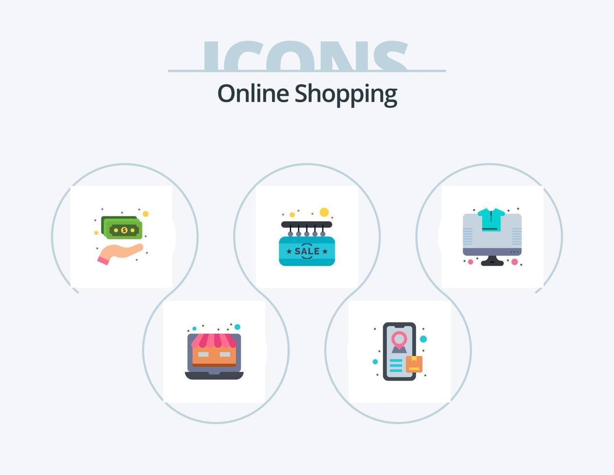 Compras en línea paquete de iconos planos 5 diseño de iconos. camiseta de manga corta. compras. tenencia. en línea. signo vector