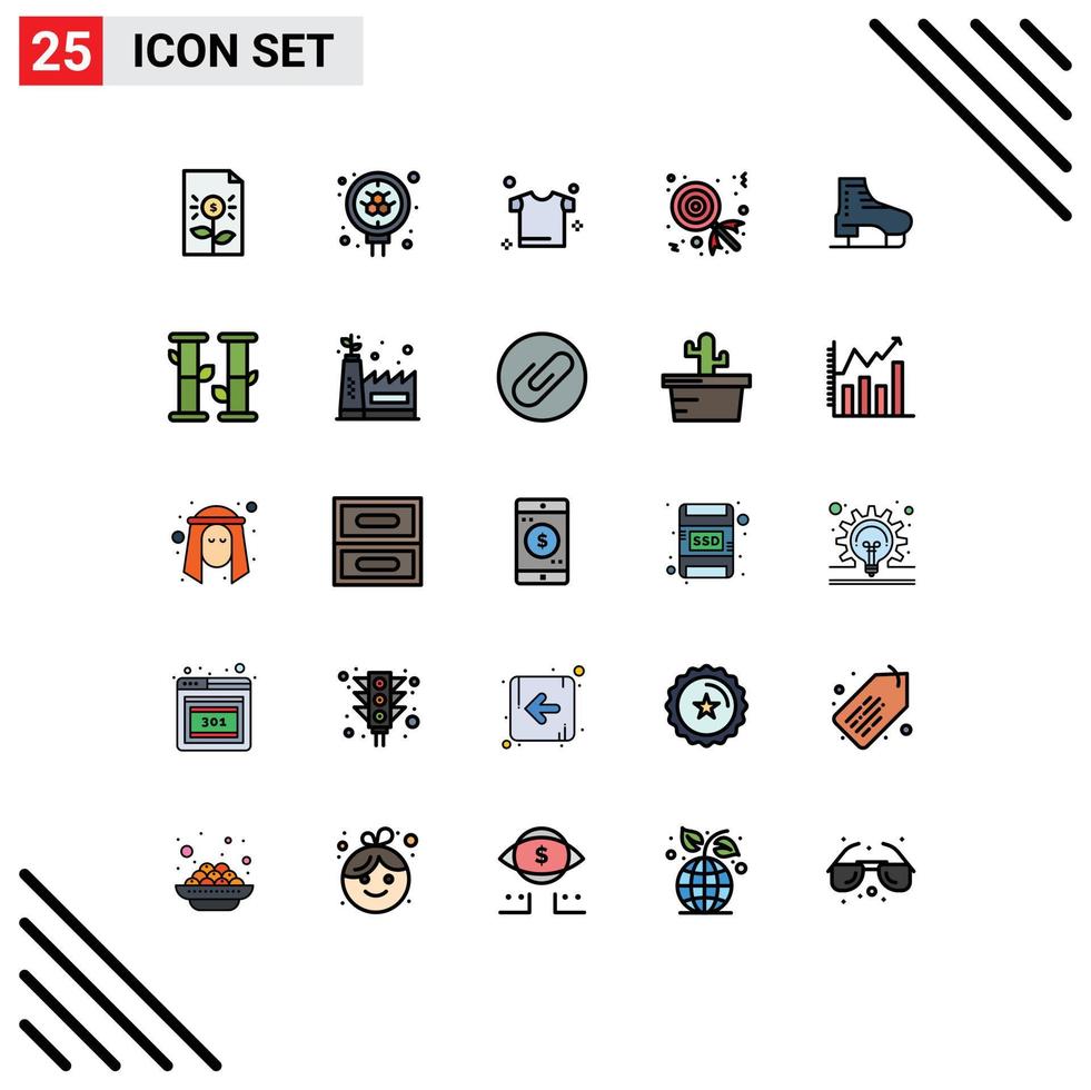 25 Universal Filled line Flat Colors Set for Web and Mobile Applications skate boot search lollipop candy Editable Vector Design Elements