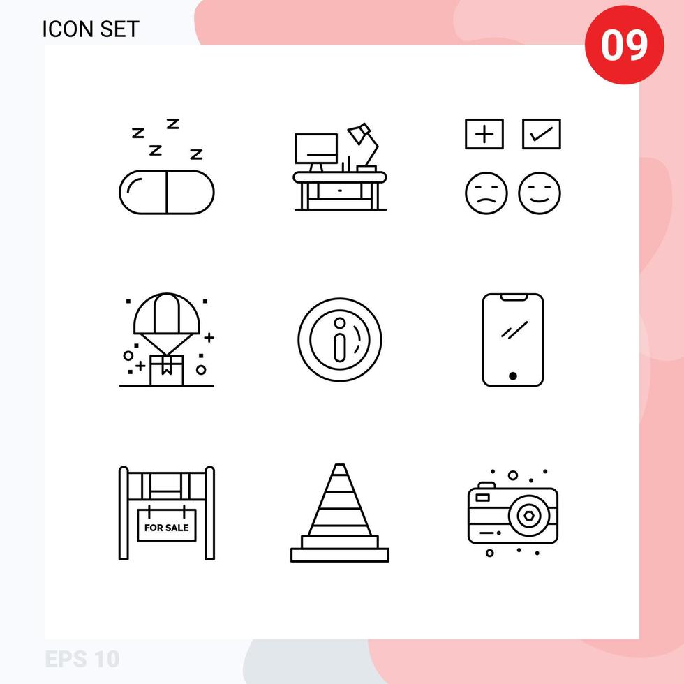 conjunto de pictogramas de 9 contornos simples de paracaídas de comercio electrónico feliz globo logístico elementos de diseño vectorial editables vector