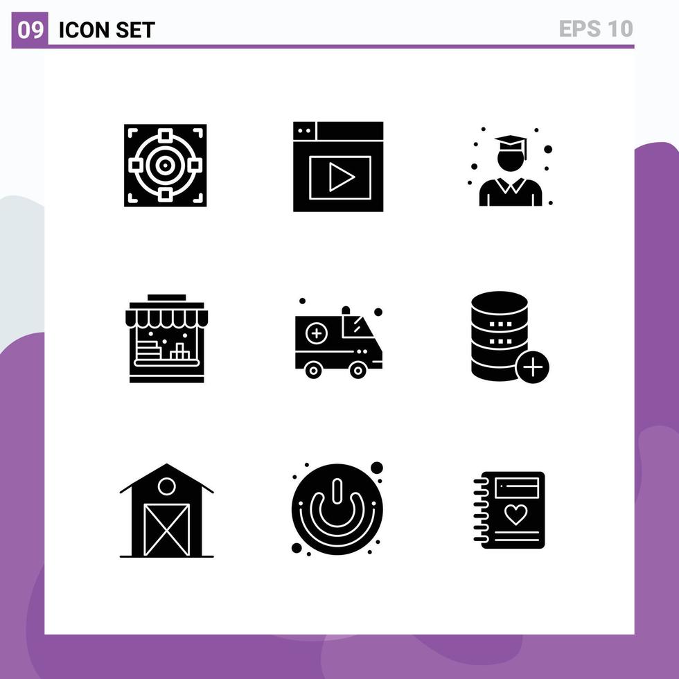 9 Universal Solid Glyphs Set for Web and Mobile Applications database emergency graduate ambulance water Editable Vector Design Elements