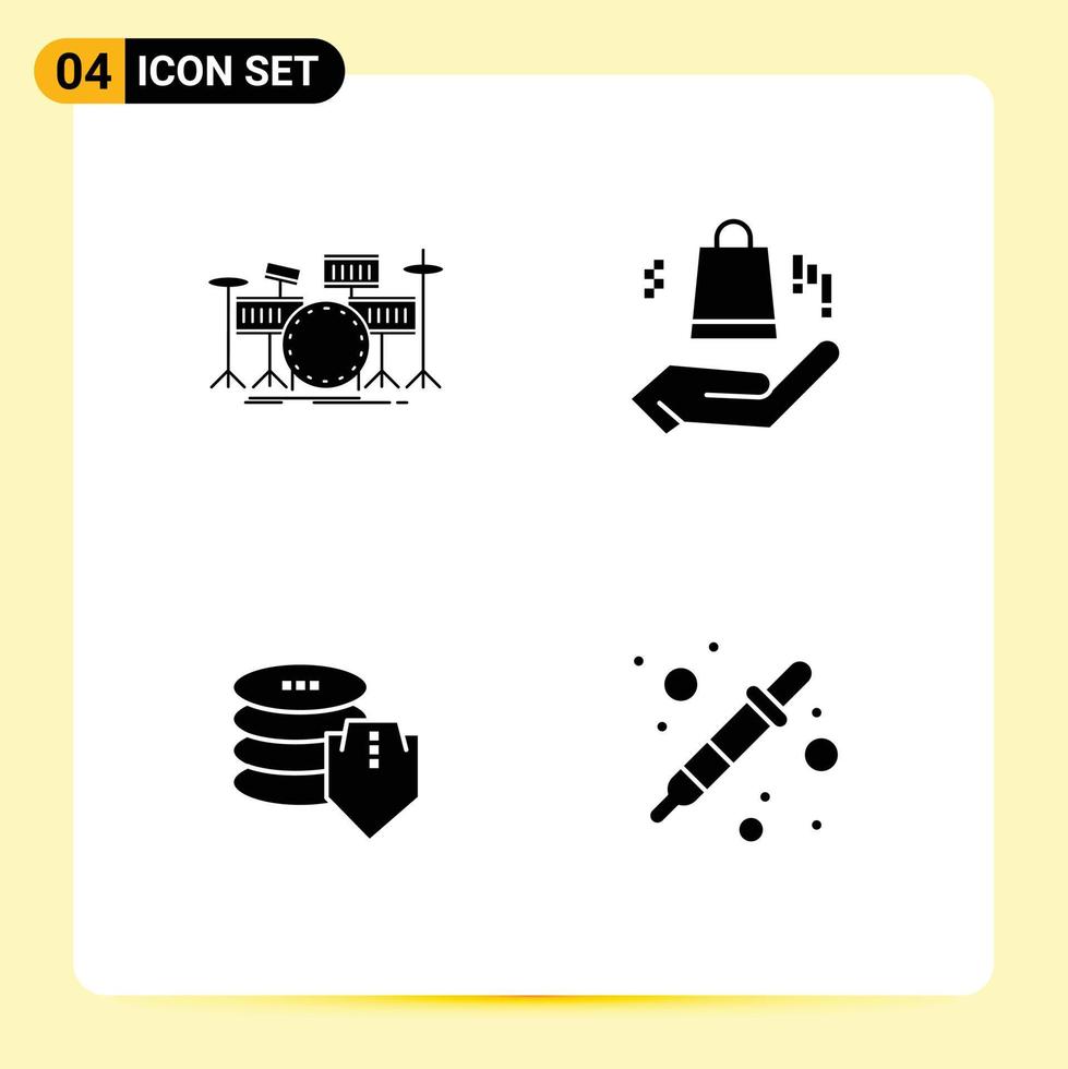 Solid Glyph Pack of 4 Universal Symbols of drum dollar kit bag secure Editable Vector Design Elements