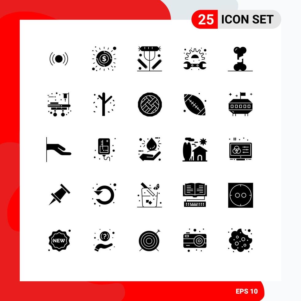 Editable Vector Line Pack of 25 Simple Solid Glyphs of spanner mechanic shine gear food Editable Vector Design Elements