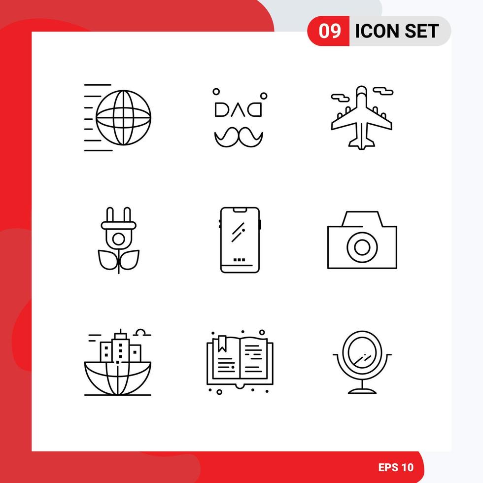 Group of 9 Modern Outlines Set for smart phone nature love electricity world Editable Vector Design Elements