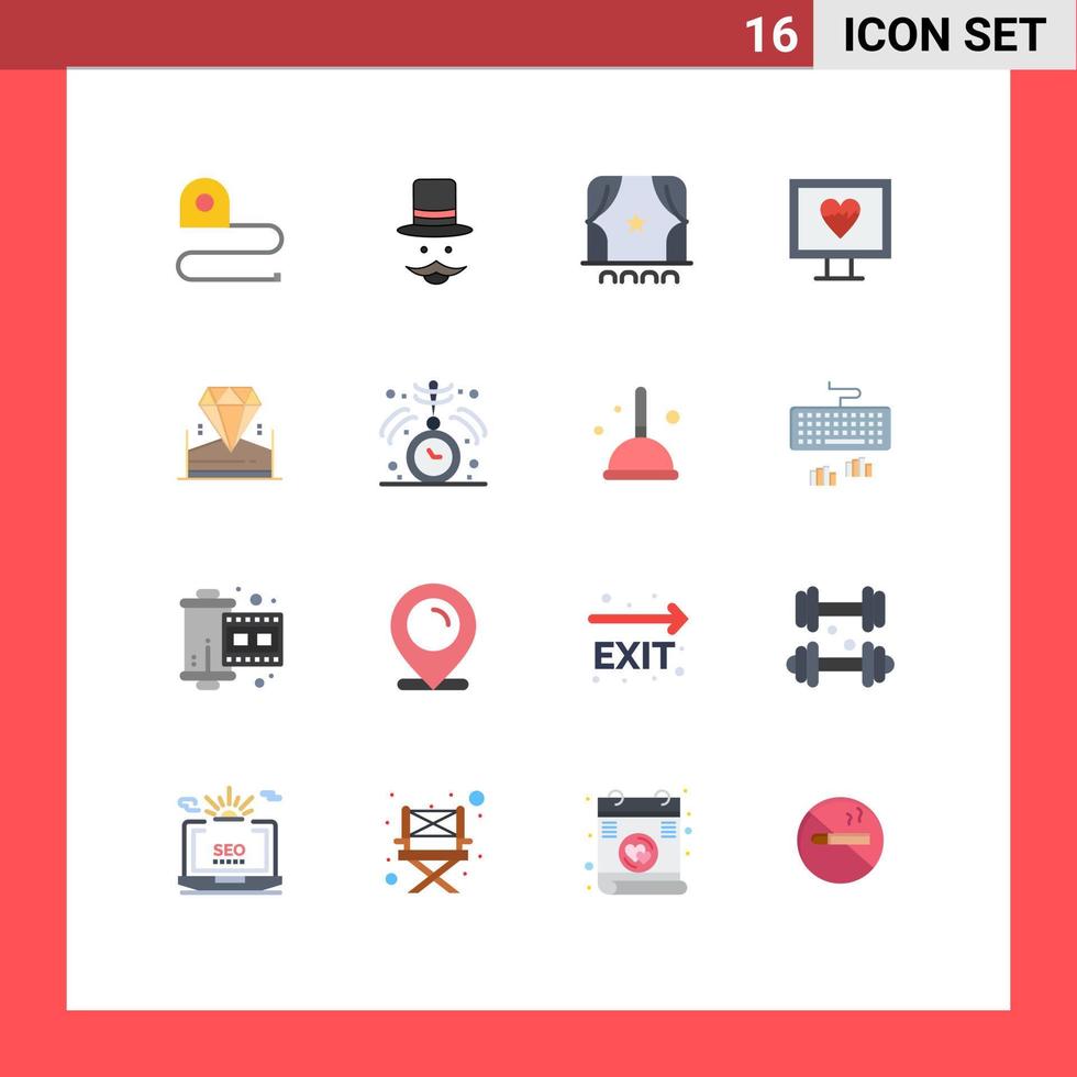 16 Thematic Vector Flat Colors and Editable Symbols of diamond pulse men monitor film Editable Pack of Creative Vector Design Elements