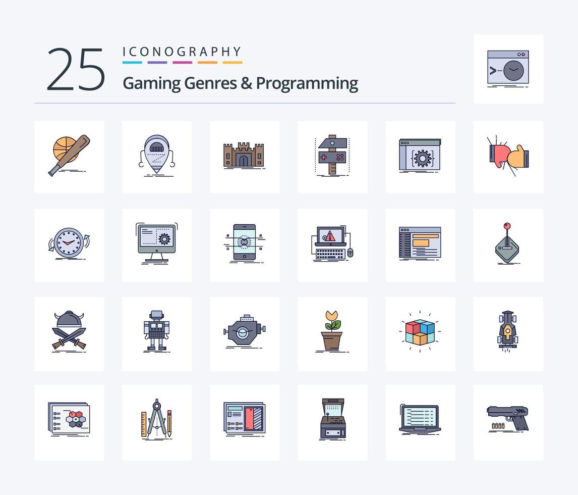 Gaming Genres And Programming 25 Line Filled icon pack including develop. build. robot. landmark. fort vector