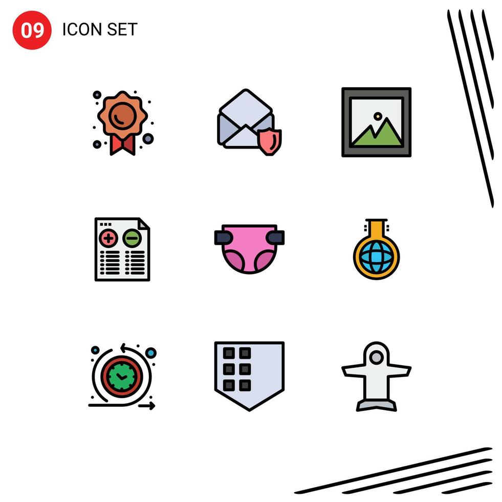 conjunto de 9 iconos modernos de la interfaz de usuario signos de símbolos para la imagen del bebé del pañal menos elementos de diseño vectorial editables de música vector