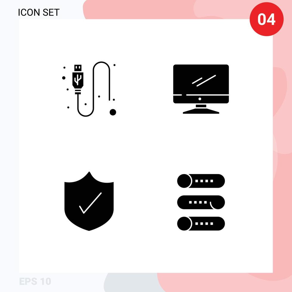 Group of 4 Modern Solid Glyphs Set for cable antivirus wire device security Editable Vector Design Elements