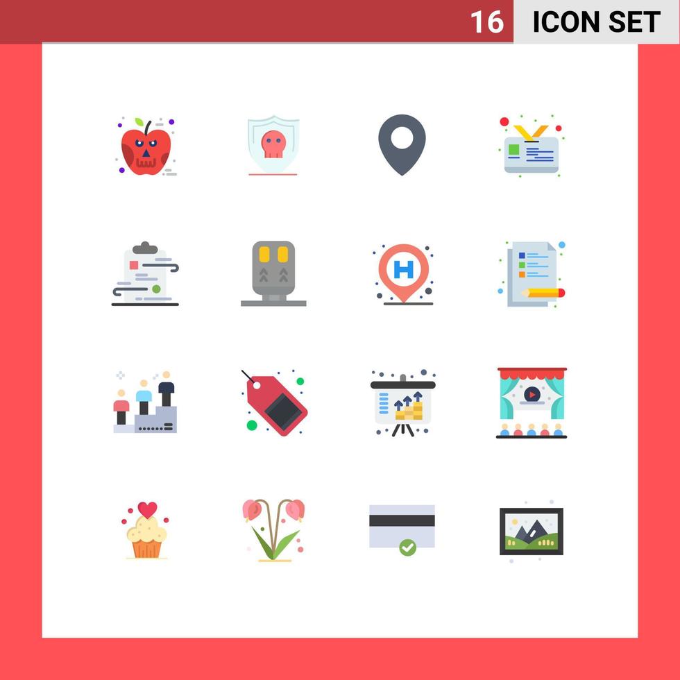16 Universal Flat Color Signs Symbols of paper document location clipboard id Editable Pack of Creative Vector Design Elements
