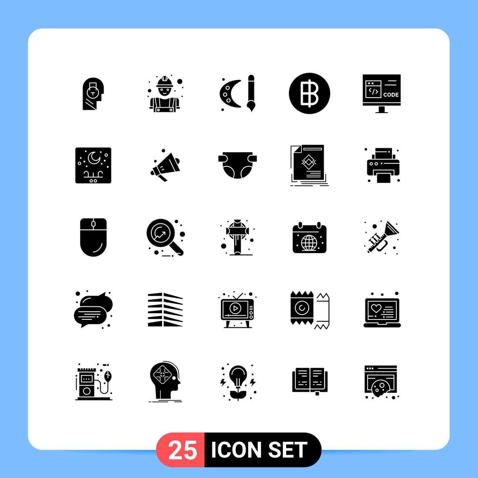 Modern Set of 25 Solid Glyphs and symbols such as thailand currency labour baht painting brush Editable Vector Design Elements