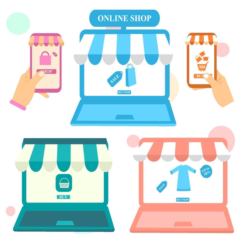 tienda online, portátiles con toldos, smartphones con toldos vector