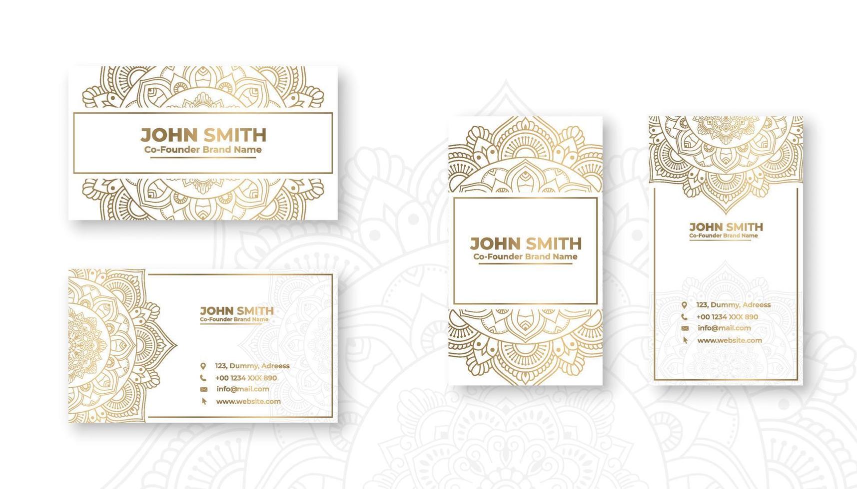 tarjeta de visita de lujo de color blanco con elementos ornamentales de mandala floral dorado vector