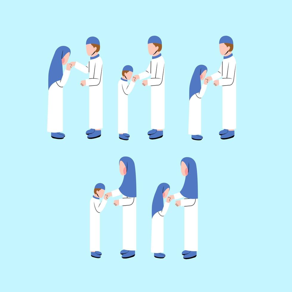Set Of Muslim Family Members Greeting Each Other In Eid Day vector