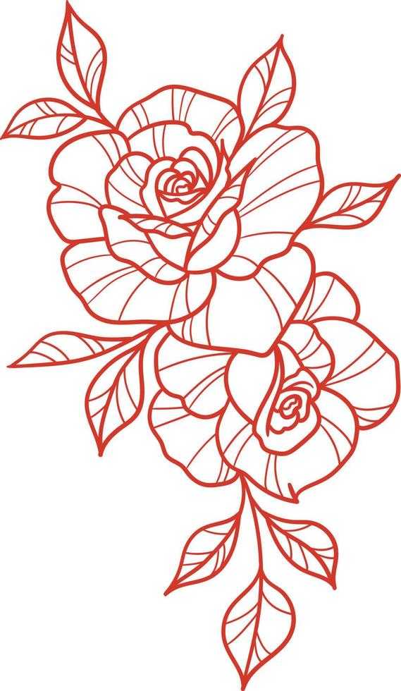 Red vector rose line art illustration, flower drawing