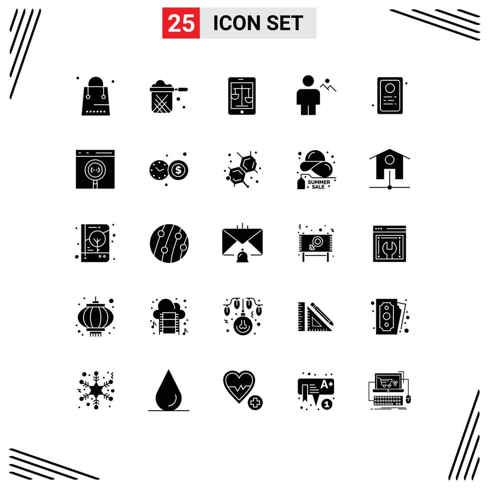 Group of 25 Solid Glyphs Signs and Symbols for hills avatar restaurant online law Editable Vector Design Elements