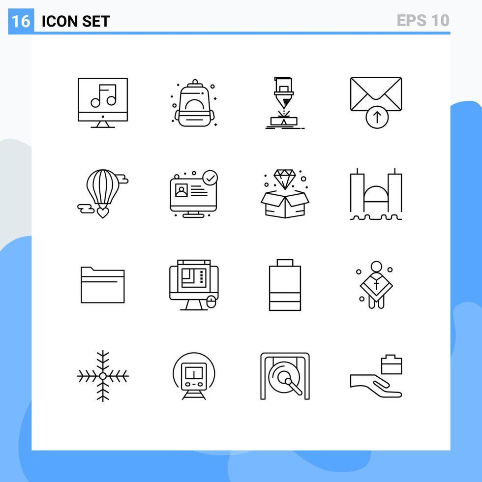 Mobile Interface Outline Set of 16 Pictograms of flying baloon receive cutting message steel Editable Vector Design Elements