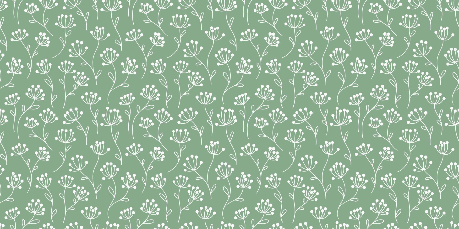 Green and white floral vector repeat pattern, background with flowers, hand drawn elements