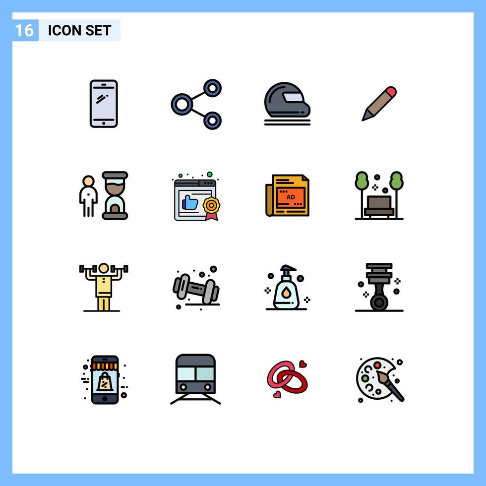 conjunto de líneas rellenas de color plano de interfaz móvil de 16 pictogramas de lápiz escolar que comparten elementos de diseño de vectores creativos editables de seguridad deportiva