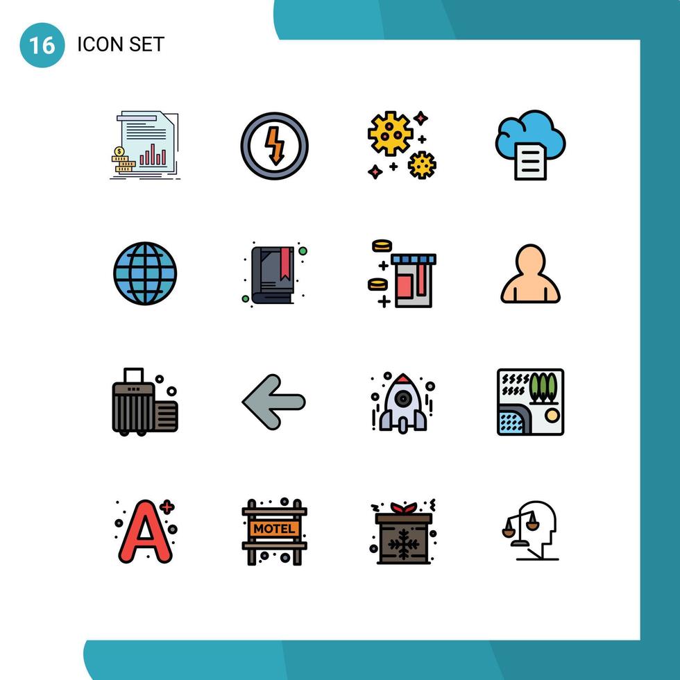 User Interface Pack of 16 Basic Flat Color Filled Lines of internet world power document cloud Editable Creative Vector Design Elements