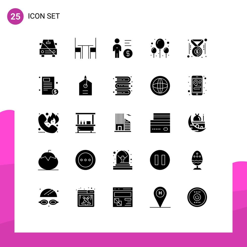 25 User Interface Solid Glyph Pack of modern Signs and Symbols of party balloon interior person mind Editable Vector Design Elements