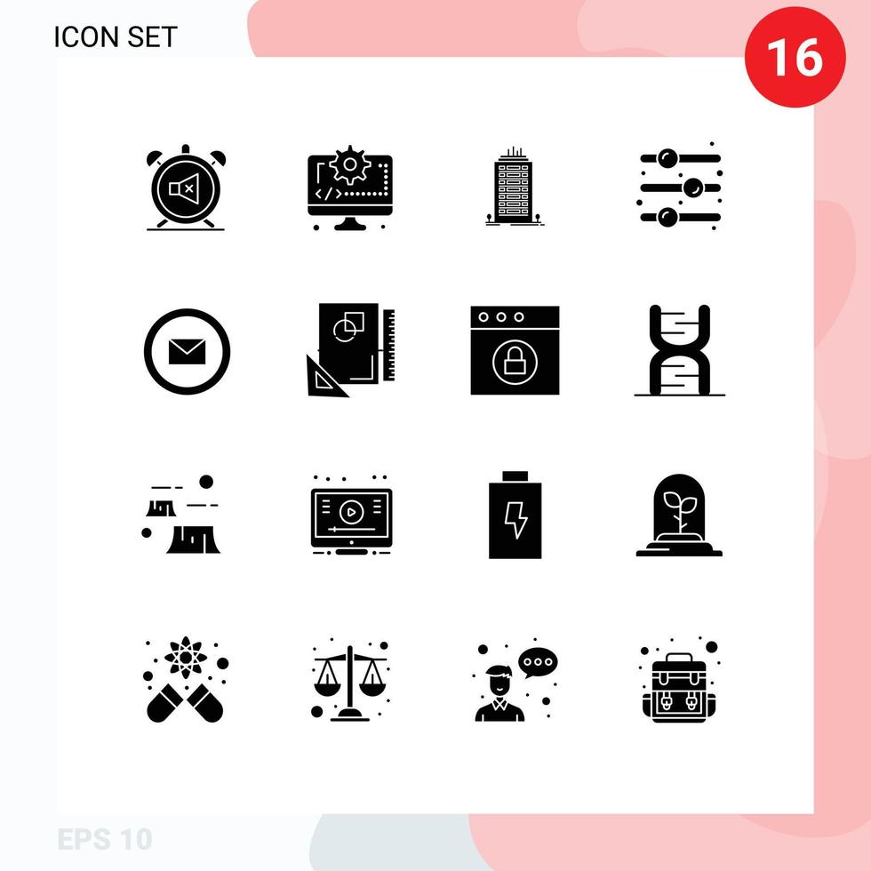 Set of 16 Vector Solid Glyphs on Grid for development on gear off tower Editable Vector Design Elements