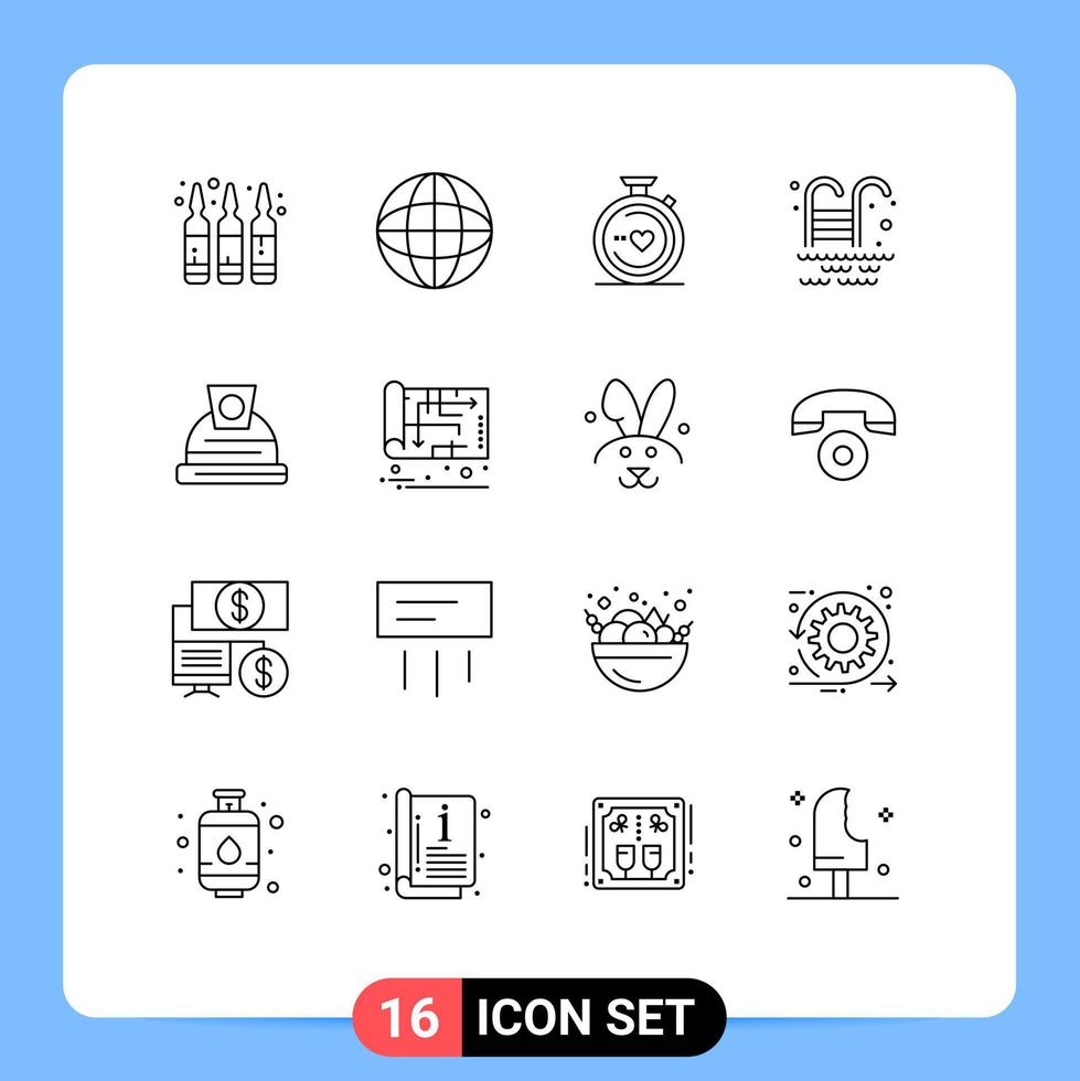 Group of 16 Outlines Signs and Symbols for blueprint construction love architecture water Editable Vector Design Elements