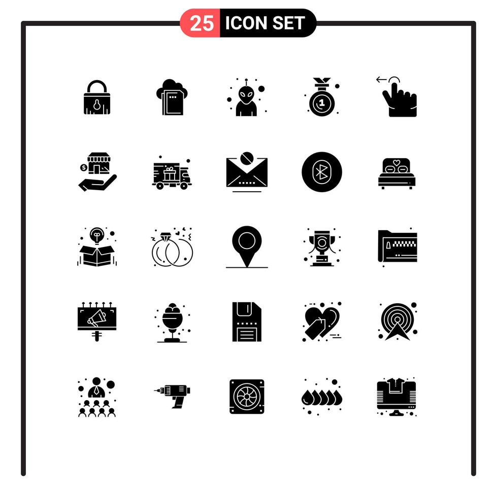 Pack of 25 Modern Solid Glyphs Signs and Symbols for Web Print Media such as swipe finger alien medal badge Editable Vector Design Elements