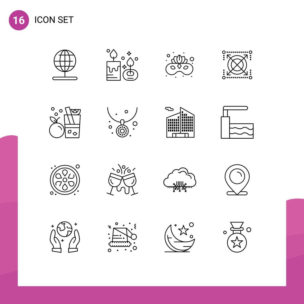paquete de 16 signos y símbolos de contornos modernos para medios de impresión web, como elementos de diseño de vectores editables de máscara facial objetivo de lámpara seo de bebidas