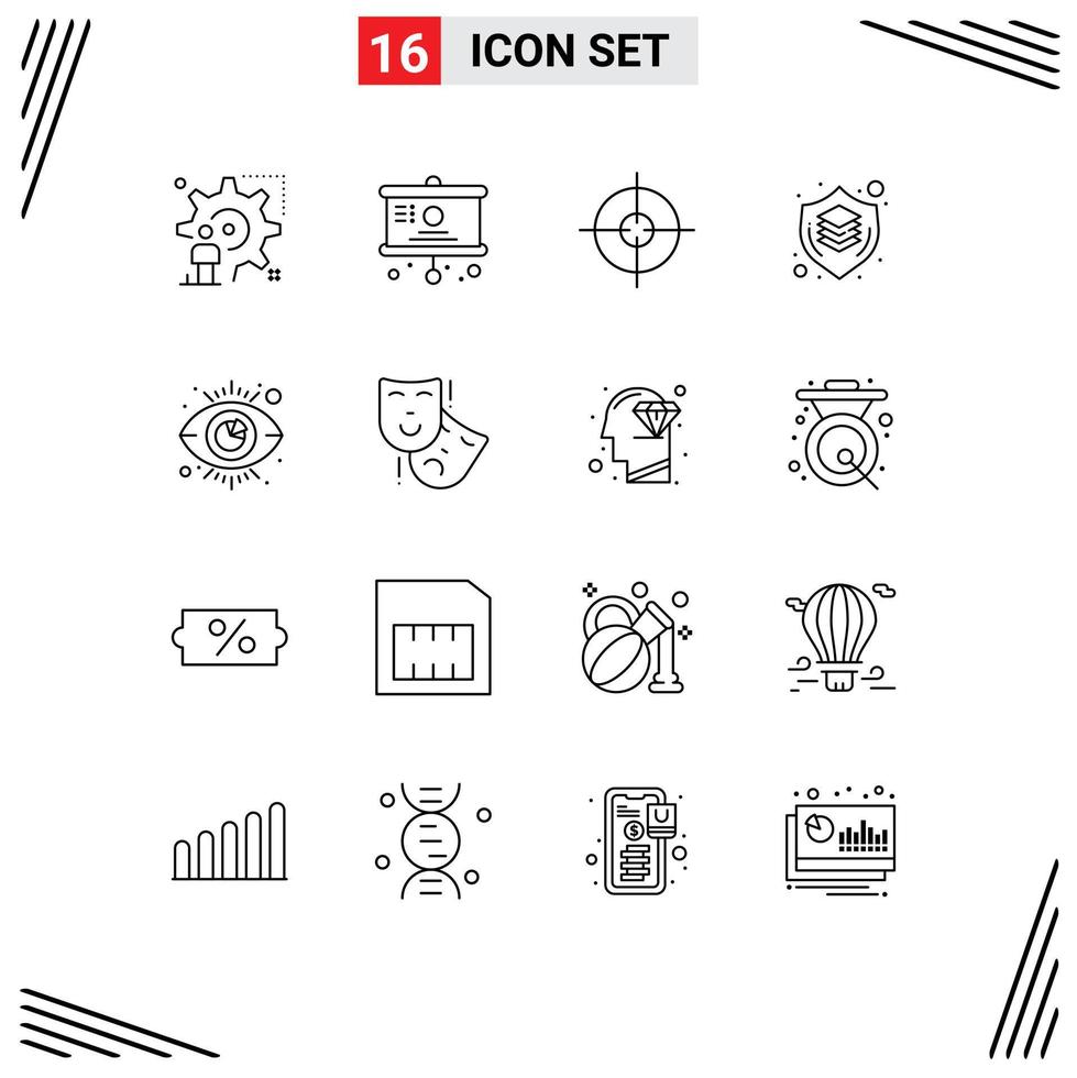Mobile Interface Outline Set of 16 Pictograms of eye shield presentation graphic brain Editable Vector Design Elements