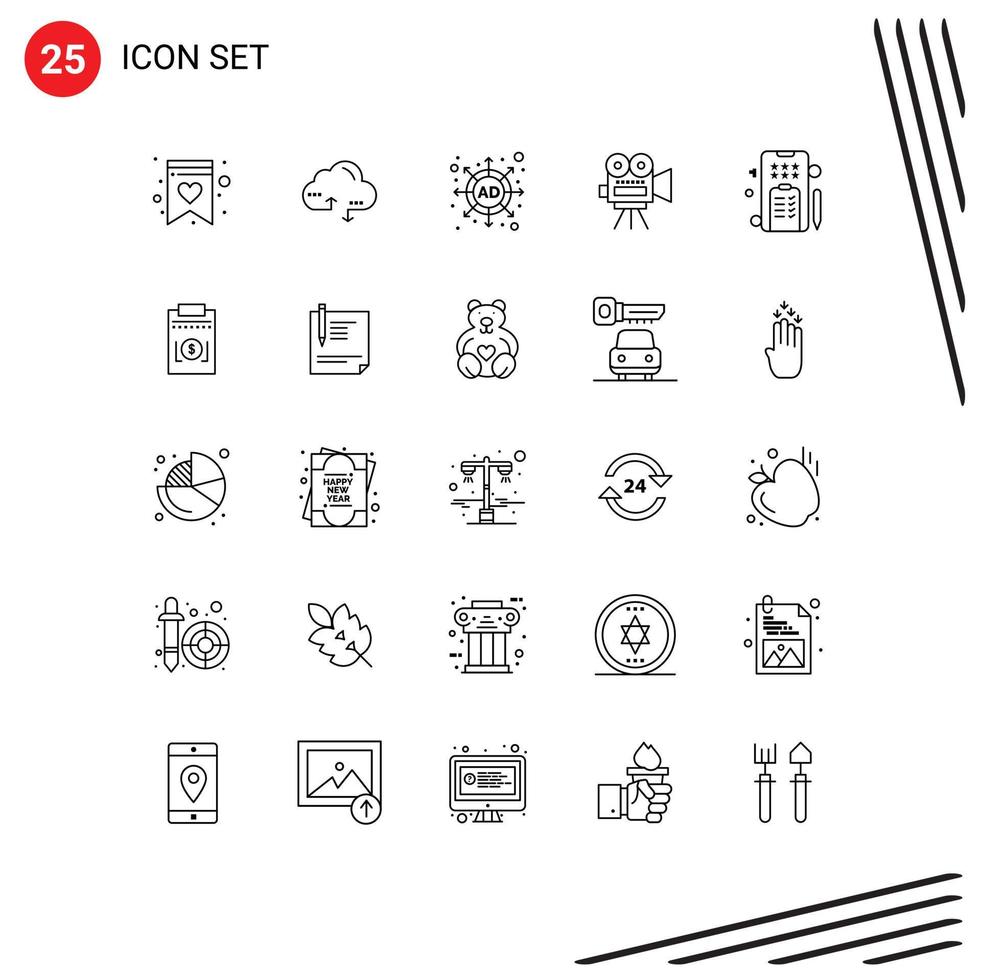 25 Universal Lines Set for Web and Mobile Applications phone pencle marketing mobile filam Editable Vector Design Elements