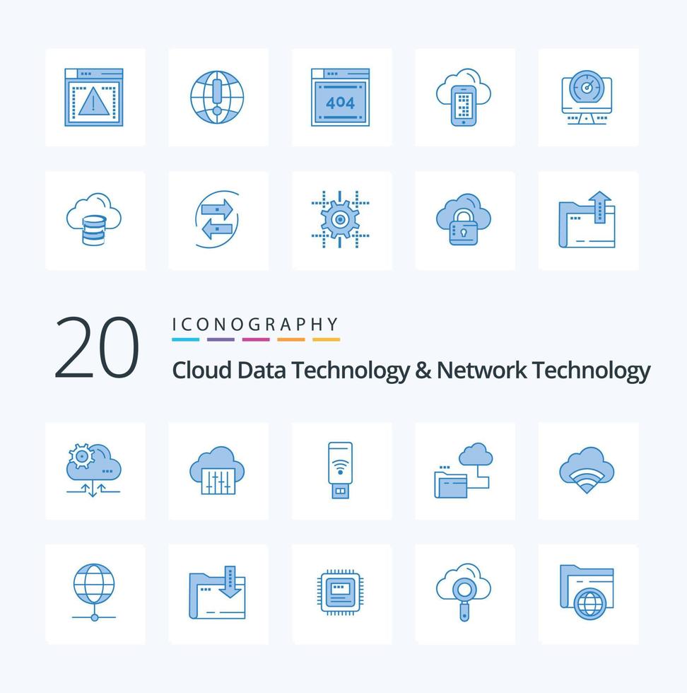 20 tecnología de datos en la nube y tecnología de red paquete de iconos de color azul como archivo de conexión nube de almacenamiento usb vector