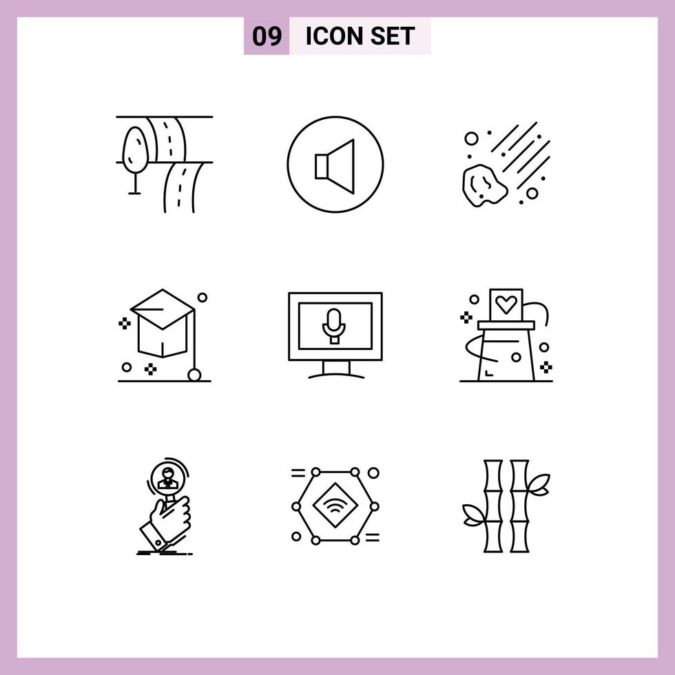 Editable Vector Line Pack of 9 Simple Outlines of card screen space monitor hat Editable Vector Design Elements