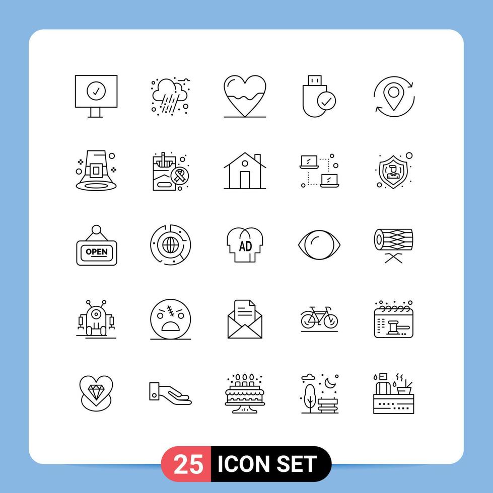 Mobile Interface Line Set of 25 Pictograms of location stick cardiogram hardware connected Editable Vector Design Elements