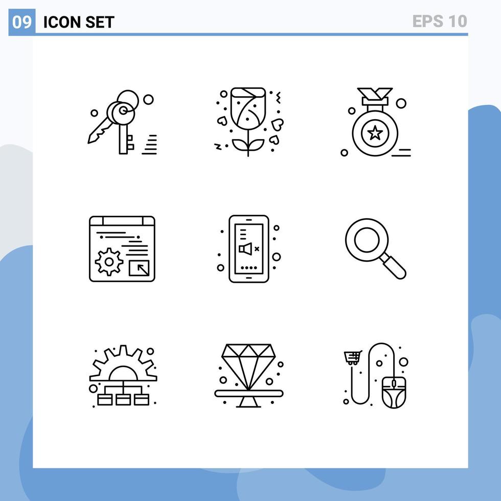 Set of 9 Vector Outlines on Grid for search phone medal education economy Editable Vector Design Elements