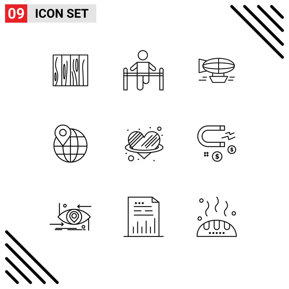 Editable Vector Line Pack of 9 Simple Outlines of globe holiday gymnastic filled ballon Editable Vector Design Elements