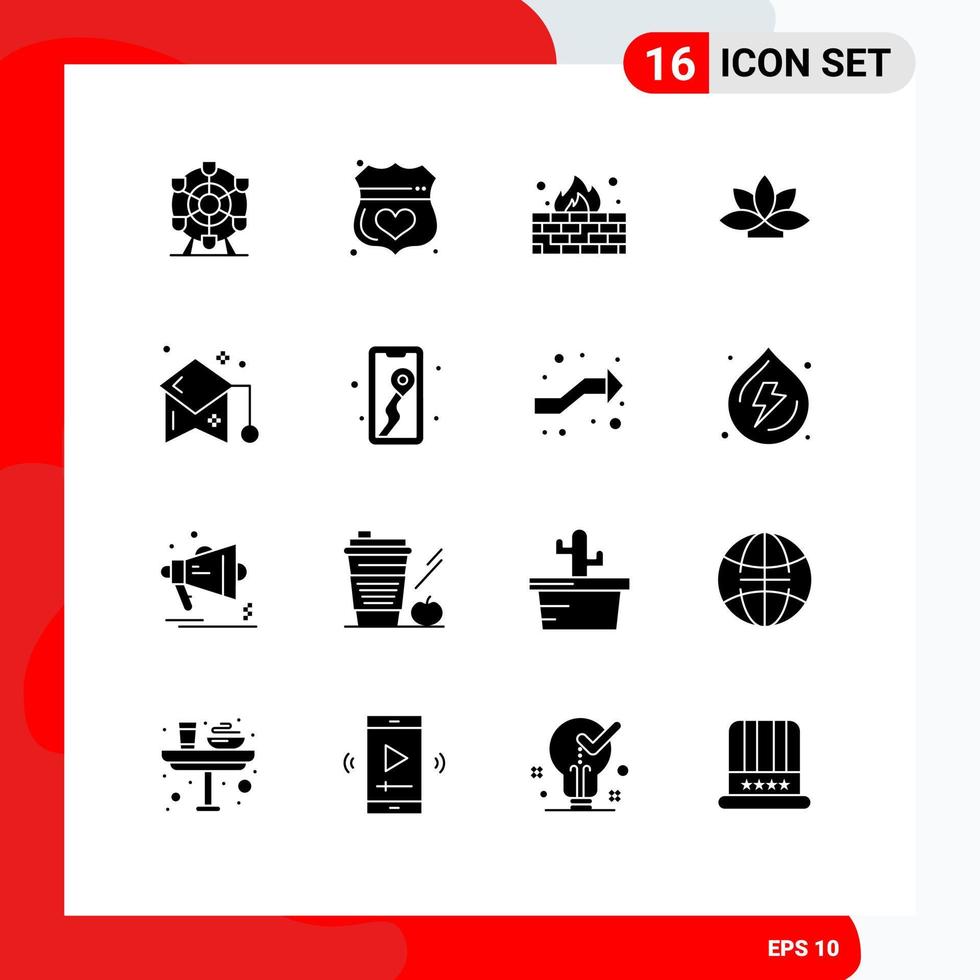 16 Universal Solid Glyph Signs Symbols of graduate cup plant antivirus lotus flower Editable Vector Design Elements