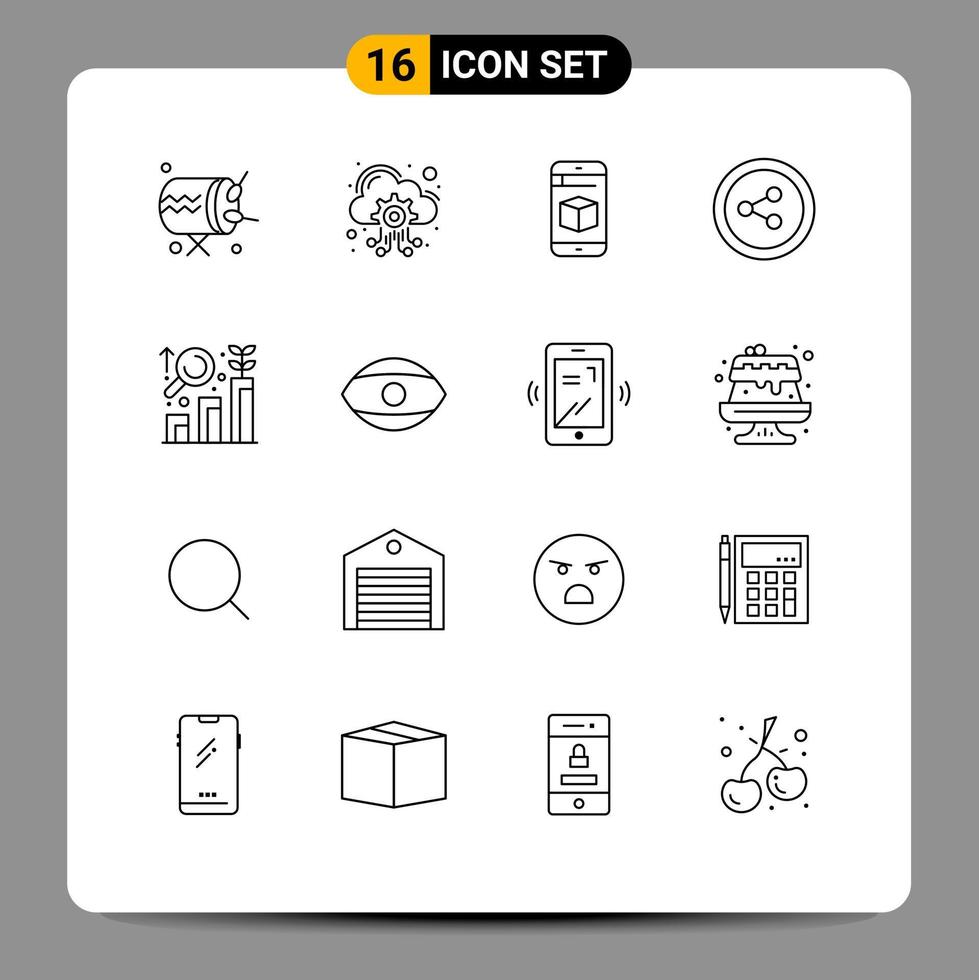 Mobile Interface Outline Set of 16 Pictograms of growth analysis mobile research share Editable Vector Design Elements