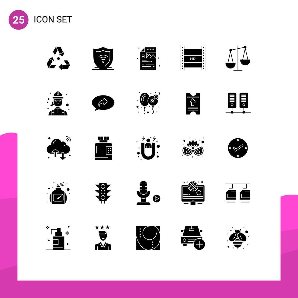 Set of 25 Commercial Solid Glyphs pack for high hd in filmmaking shield hd film image Editable Vector Design Elements