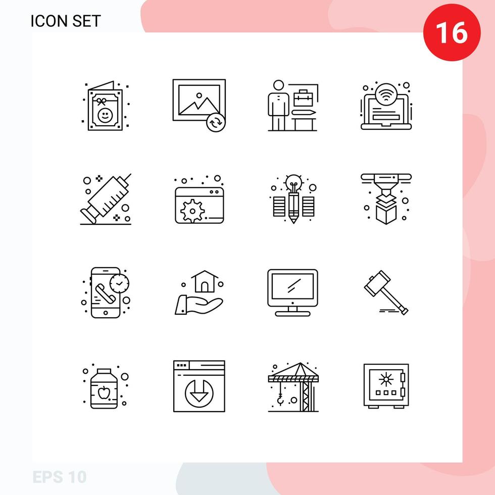 16 Universal Outlines Set for Web and Mobile Applications vaccine medicine accomplished wifi hotel Editable Vector Design Elements