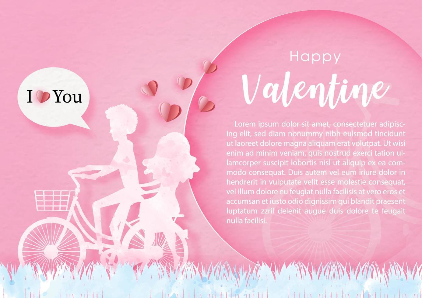 Closeup pink silhouette of lover ride a bike with Happy Valentine wording and example texts in a circle and on pink background. Valentine greeting card in paper cut and water colors vector design.