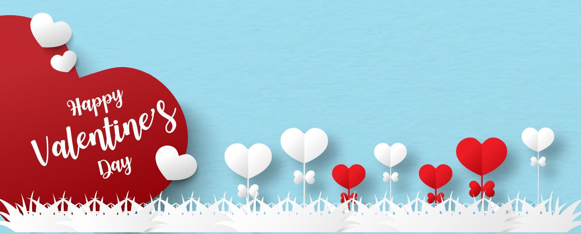 Closeup and crop big red and white small hearts with Happy Valentine's Day lettering, with red and white heart flowers on blue background. Web banner of Valentine's day in paper cut vector design.