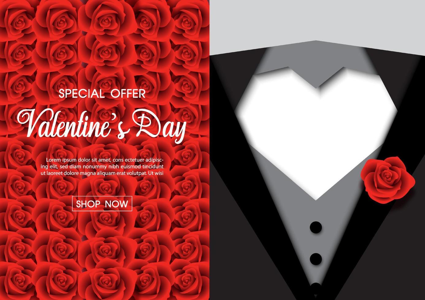 Valentine day's specials offer with special offer sale text on red rose pattern with a tuxedo suit and white heart shape on gray background. Valentine greeting card in sale banner  and vector design