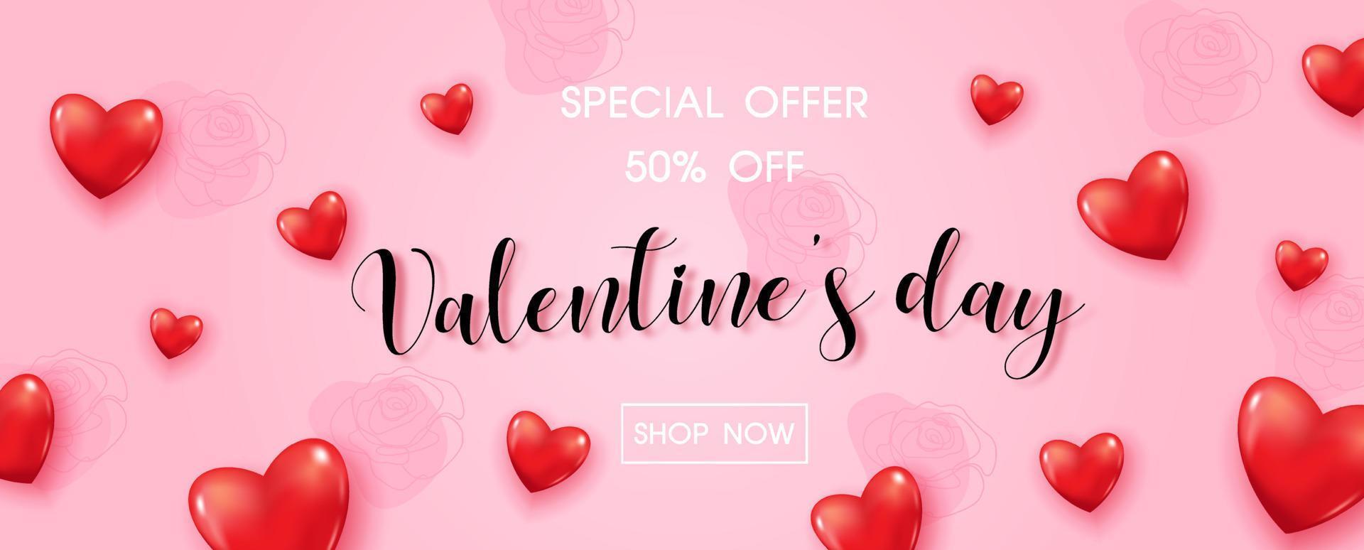 Red heart in glossy and 3d style with Valentine day's specials offer sale wording on rose flowers pattern and pink banner background. All in vector design.