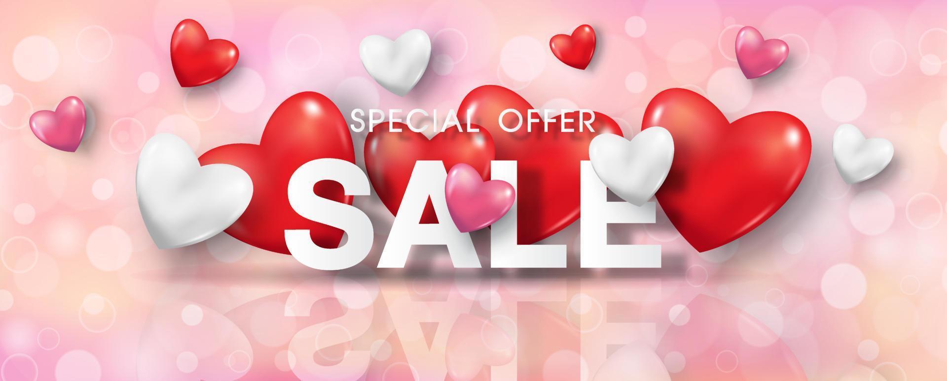 Valentine day's specials offer with sale wording and harts on pink bokeh pattern background. Valentine greeting card in banner vector design.