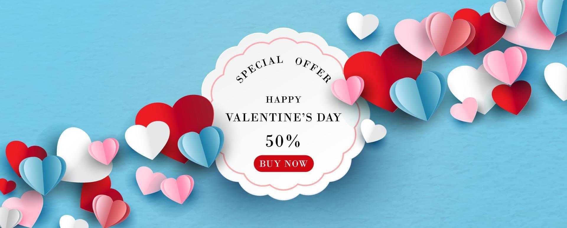 Colorful hearts with specials offer sale wording on white banner in paper cut style on blue paper pattern background. Valentine's specials offer banner in vector design.