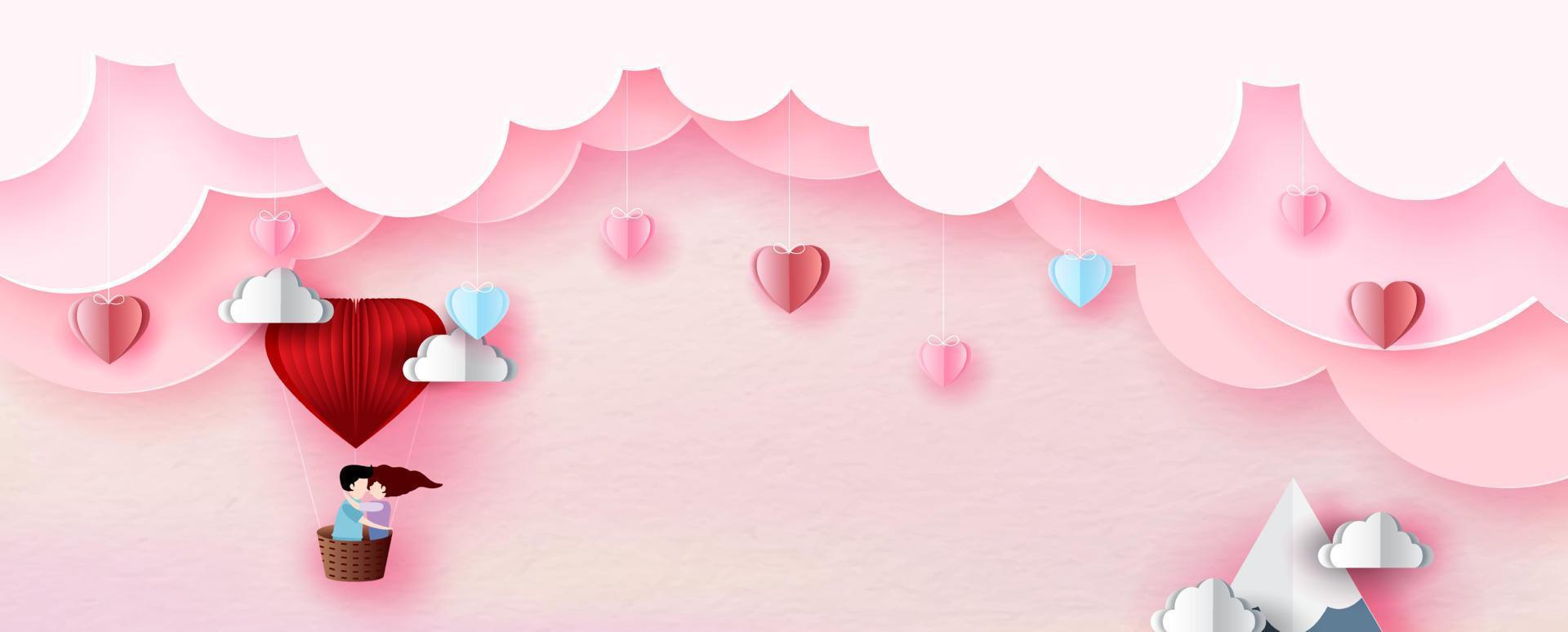 las parejas viajan en globo con corazones coloridos colgados en una nube rosa, espacio para textos y fondo de patrón de papel rosa. tarjeta de felicitación de San Valentín en estilo de corte de papel y diseño vectorial. vector