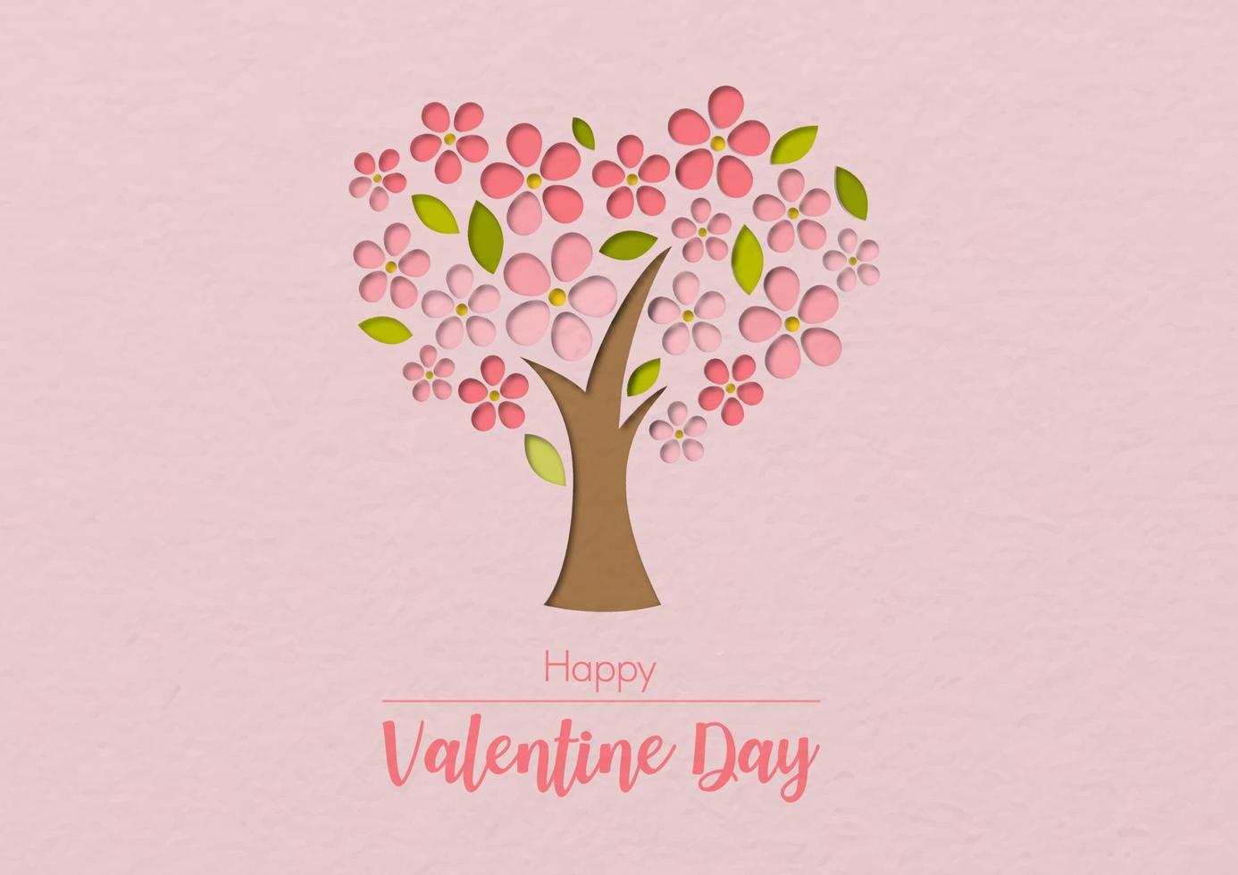 Single Pink flowers tree with Happy Valentine Day lettering on pink paper pattern background. Valentine greeting card in paper cut style and vector design.